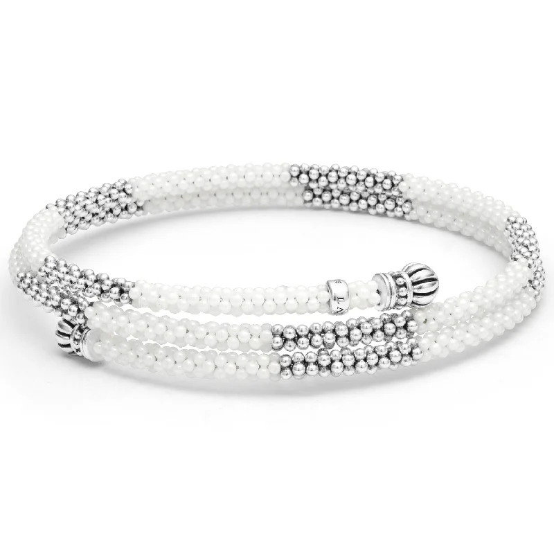 Fluid shape bangles-White Caviar White Ceramic Beaded Wrap Bracelet