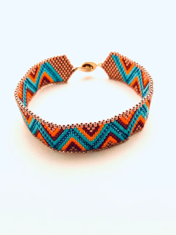 Glittering crystal bangles-Beaded Chevron Bracelet, Blue, Dark Blue, Copper