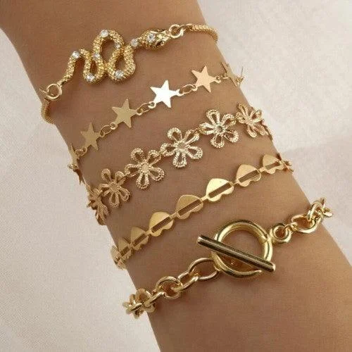 Daisy motif bangles-AD Set Of 5 Wrap Around Golden Bracelets