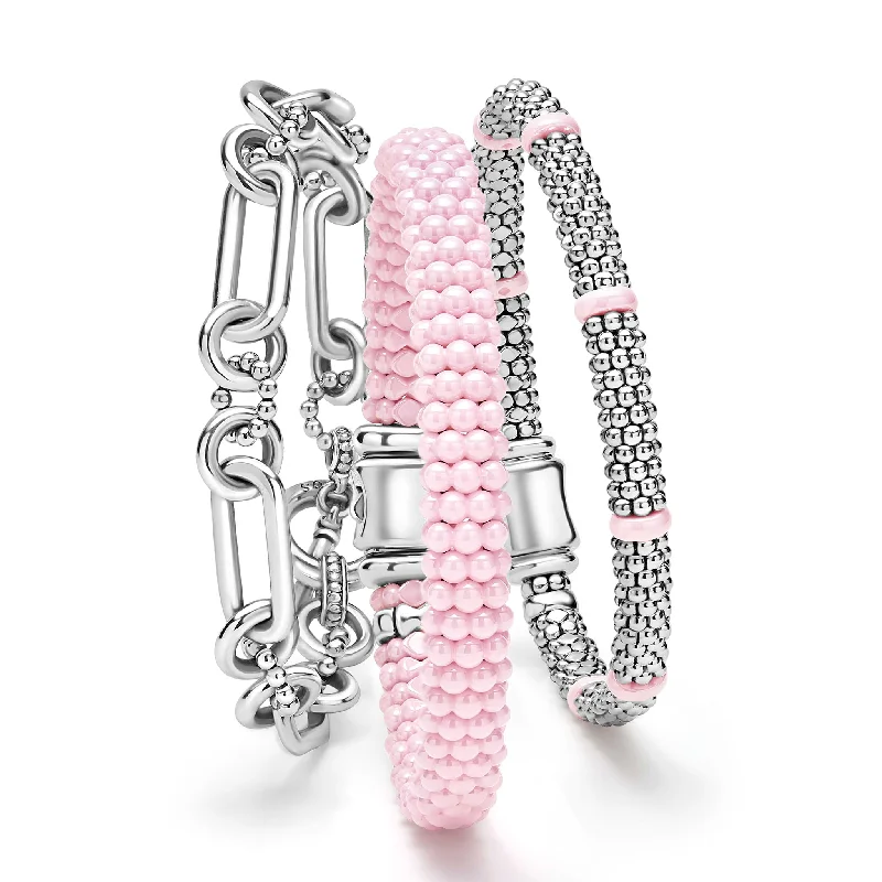 Hidden clasp bangles-Pink Caviar Sterling Silver and Pink Ceramic Caviar Beaded Bracelet Gift Set