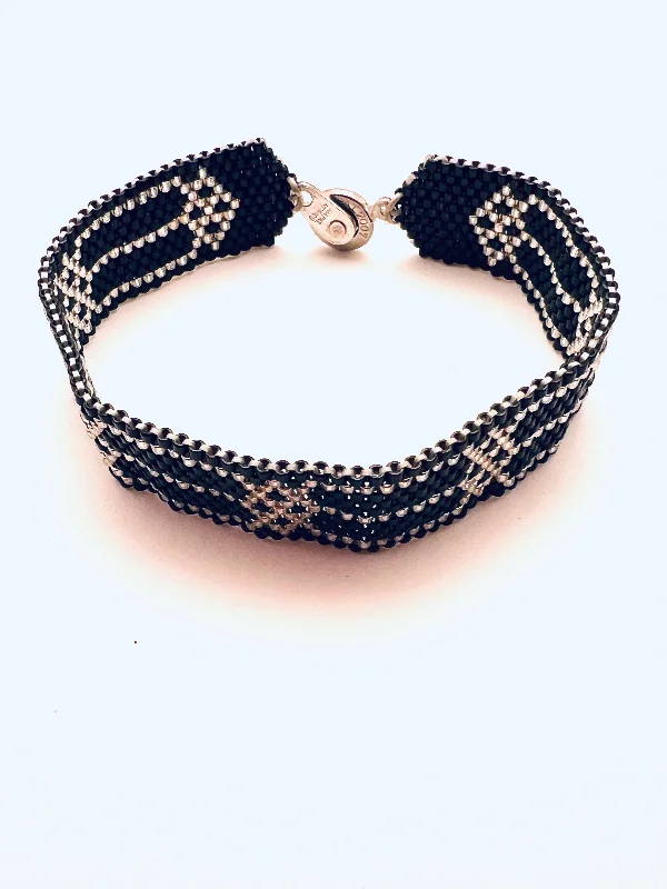 Thin stack bracelets-Beaded Art Deco Bracelet, Black and Silver