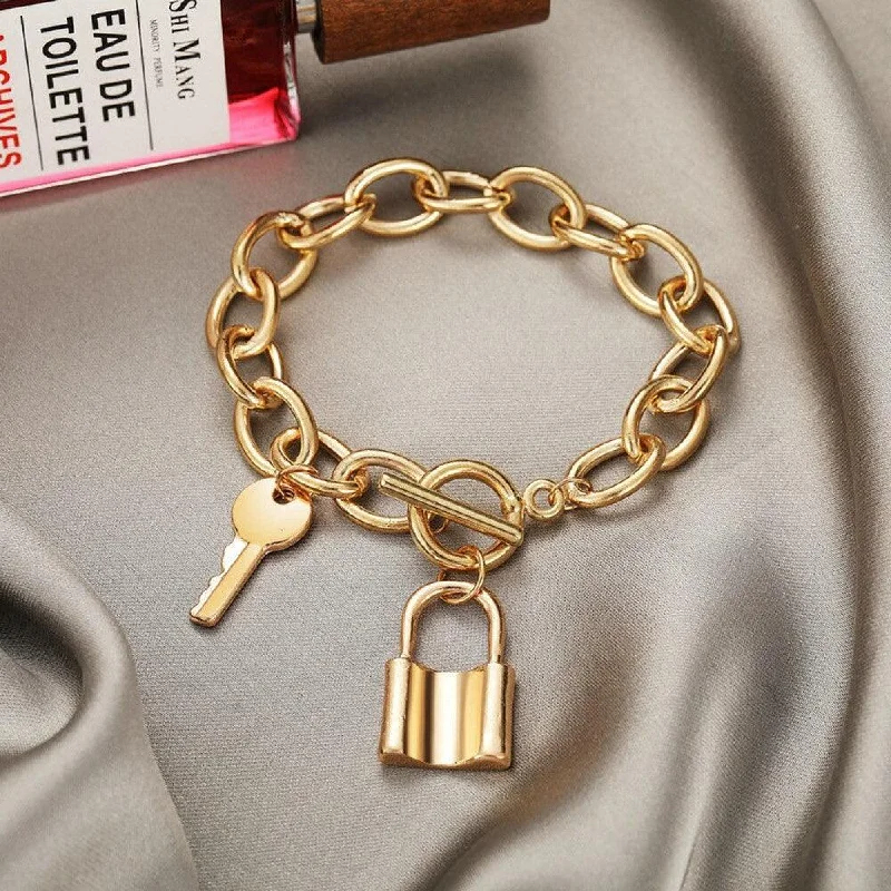 Retro lock bracelets-Golden Plated Lock & Key Charm Bracelet