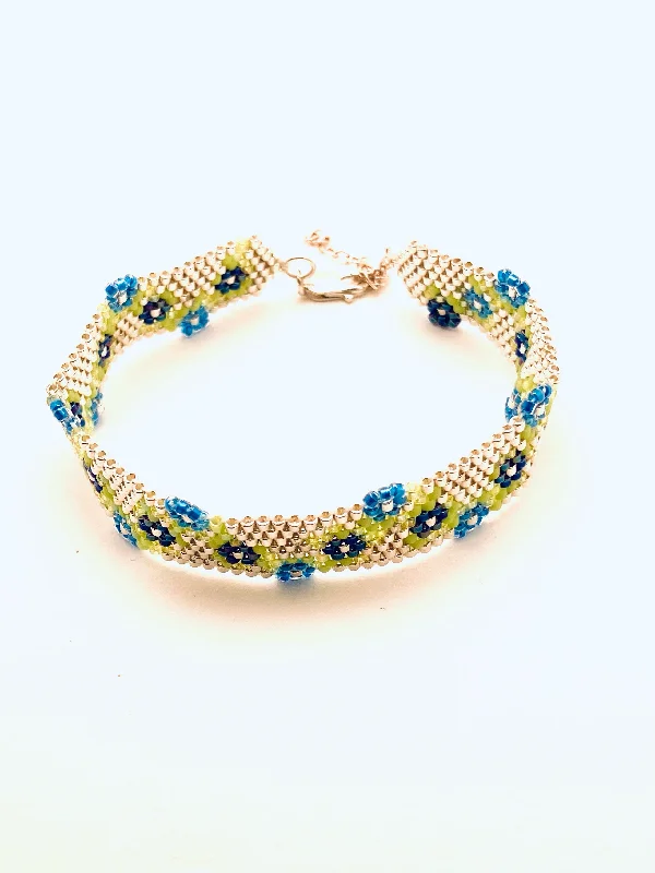 Dot design bangles-Beaded Garland Bracelet, Silver with Blue Flowers