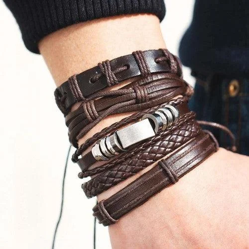 Pentagon shape bracelets-Multi Layered Brown Lather Bracelet