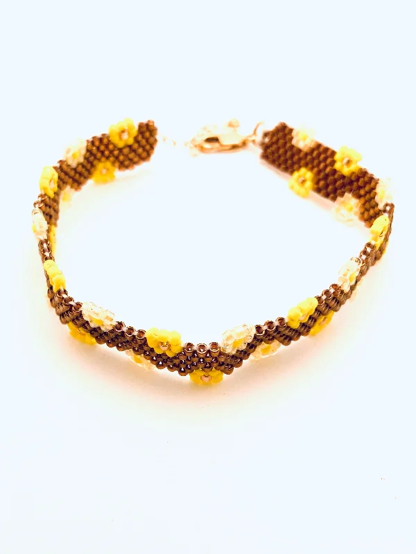 Thick gem bangles-Beaded Flower Edge Bracelet, Yellow and Bronze