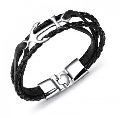 Topaz bead bracelets-Stainless Steel Anchor Strap Black Leather Bracelet