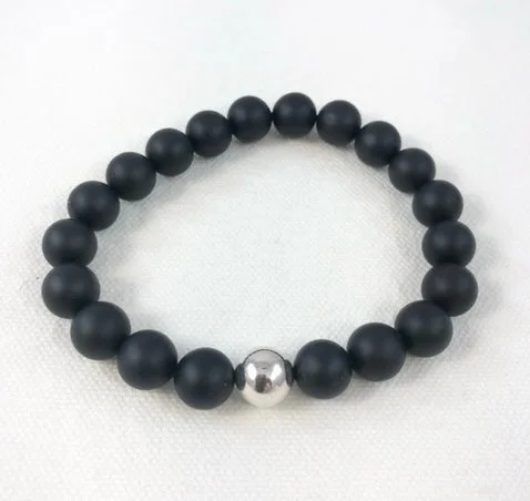 Beaded cluster bracelets-Men's Bracelet, Black Onyx with Sterling Silver Bead