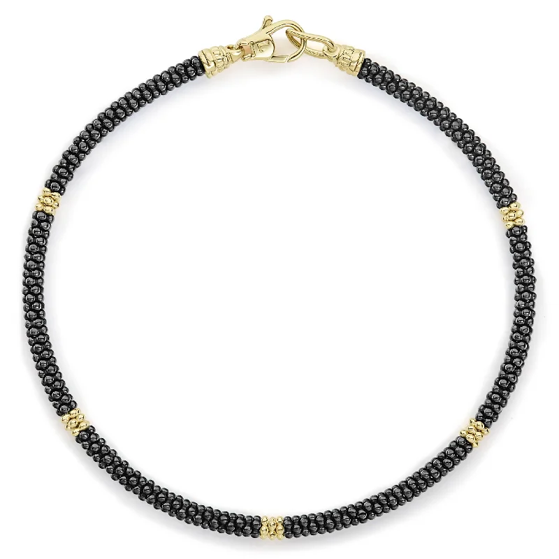 Hand-carved bracelets-Black Caviar Five Gold Station Thin Ceramic Bracelet | 3mm