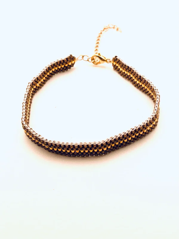 Open cuff bangles-Beaded Stripe Bracelet, Bronze and Gold