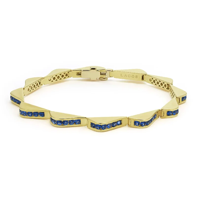 Crafted artisan bangles-Studio 18K Gold Blue Sapphire Link Wave Bracelet