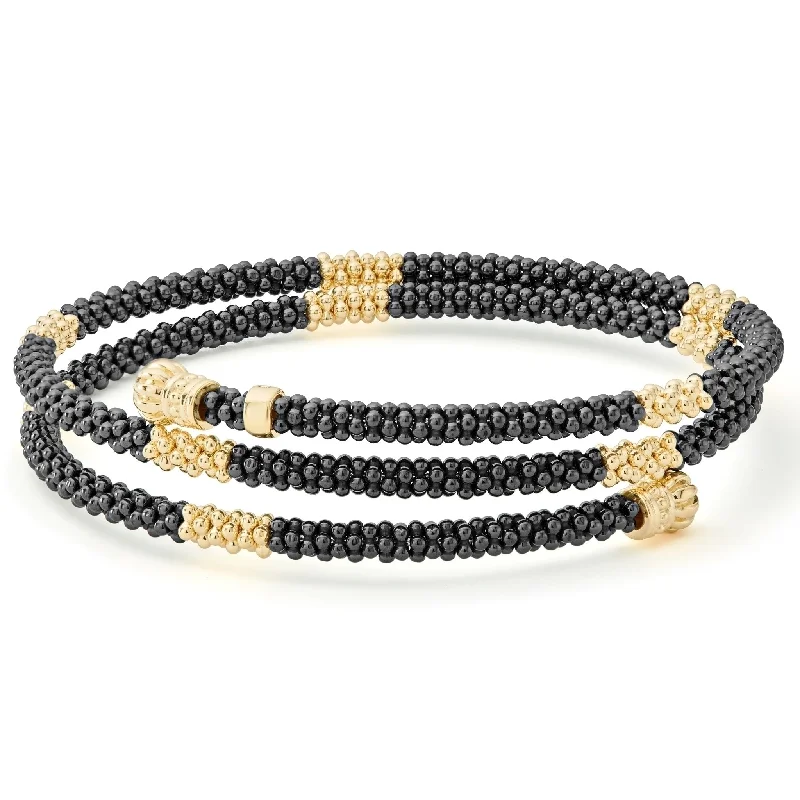 Thick gem bangles-Black Caviar 18K Gold Small Station Ceramic Wrap Bracelet | 3mm